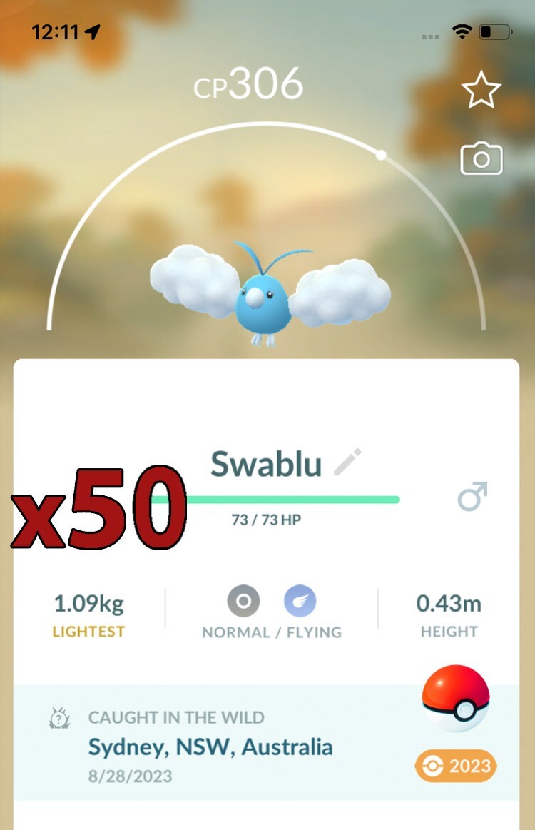 50x Swablu Pokemon Bundle !! Good Chance of Lucky and Good IVs !! Go