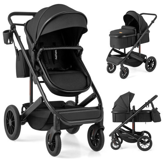 3-in-1 Folding Convertible Newborn Stroller with Detachable Bassinet-Black - Col
