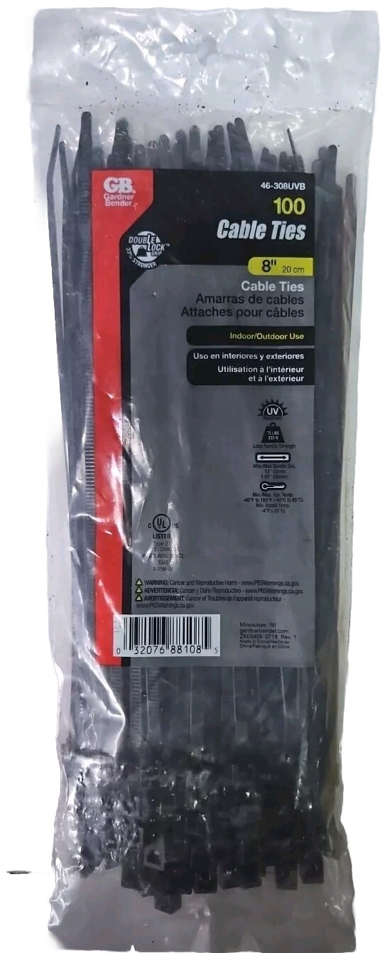 GB 46-308UVB Cable Tie, Double-Lock 75 Lbs. Locking, 6/6 Nylon, Black - pk- 100