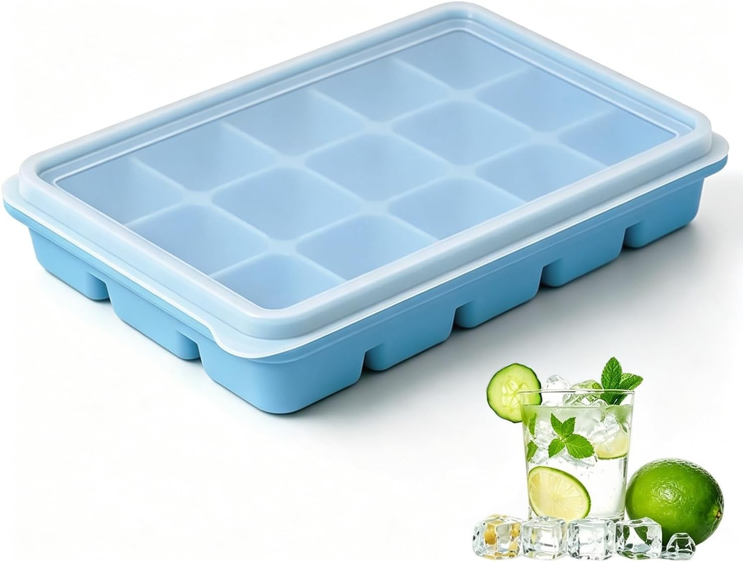 Ice Cube Trays with Lid, 1 Pack 15 Cubes Easy Release Stackable Flexible