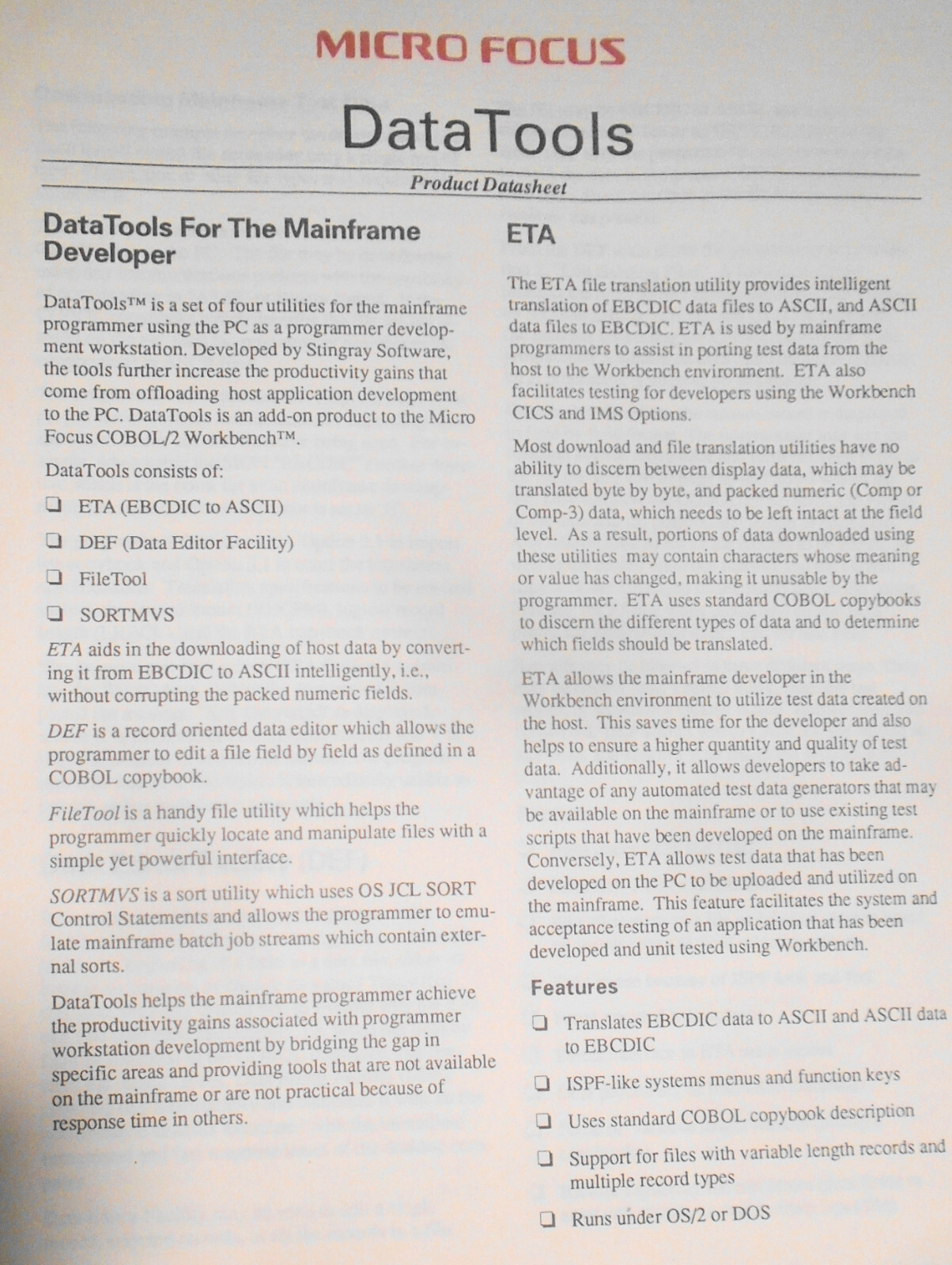 Micro Focus COBOL - 4 Brochures, 1989: Dialog System, 370 Assembler, Data Tools