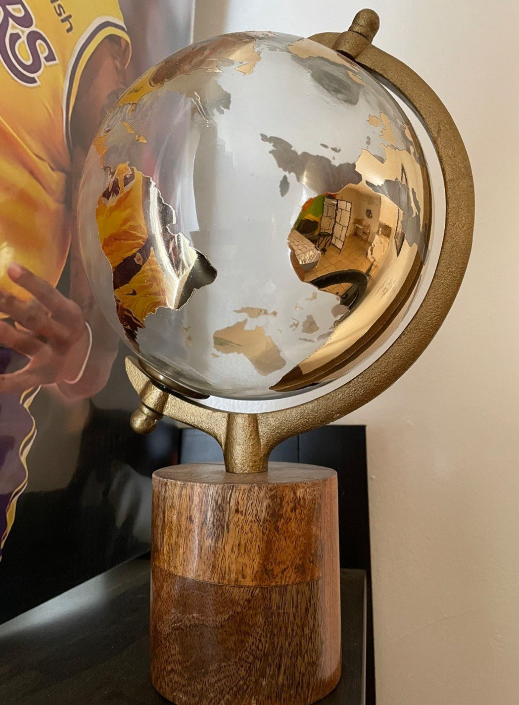 15 in. Gold Wood Decorative Globe with Brown Base