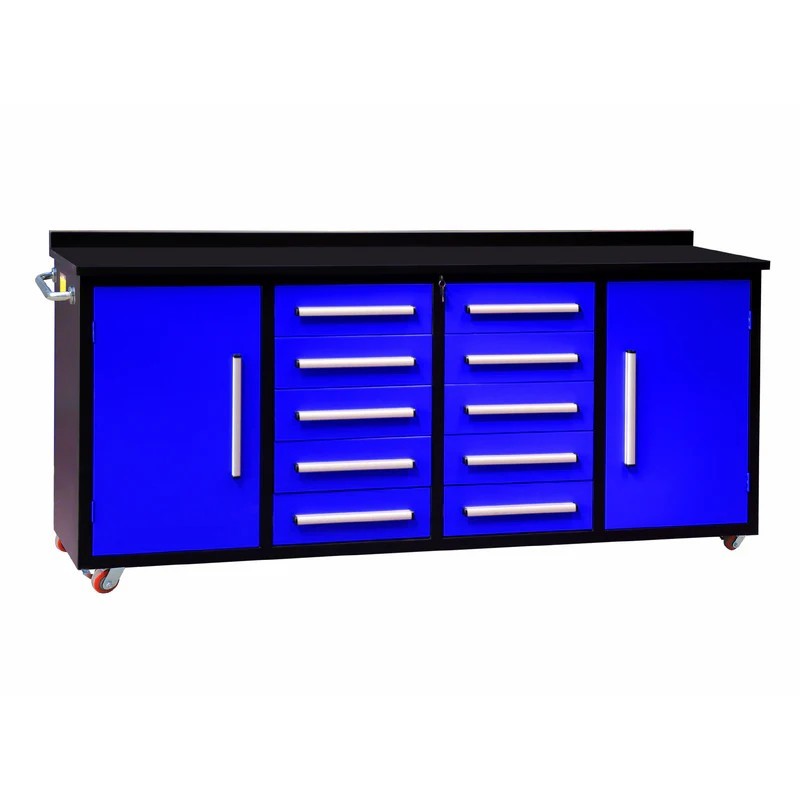 7FT Blue Heavy Duty Workbench 10 Drawer & 2 Cabinet Steel Tool Chest with Wheels