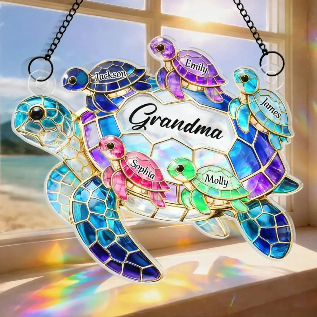 Personalized Turtle Suncatcher for Grandma, Custom Name Window Hanging