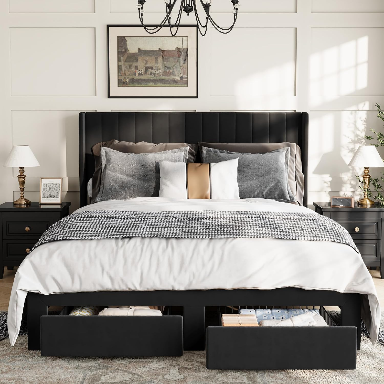 Queen Size Bed Frame with 2 Storage Drawers & Headboard, Black | Fully Velvet Up
