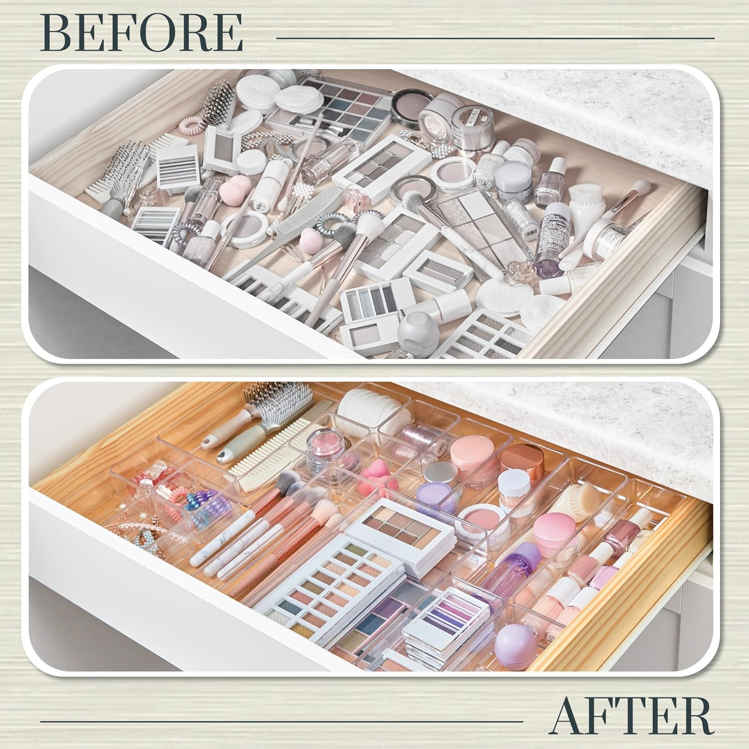 18 Piece Clear Drawer Organizer Set Stackable Plastic Storage Trays Kitchen Bath