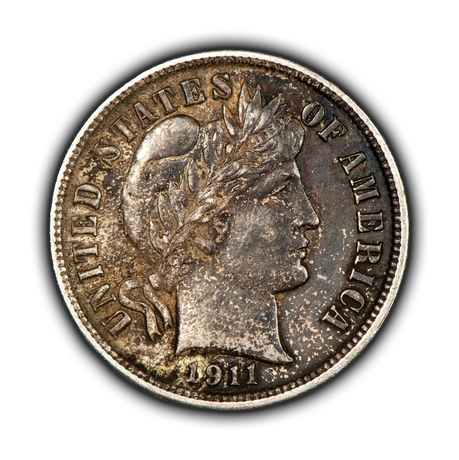 1911 10c Silver Barber Dime - Deep Pattern Patina - AU - SKU-Z5069