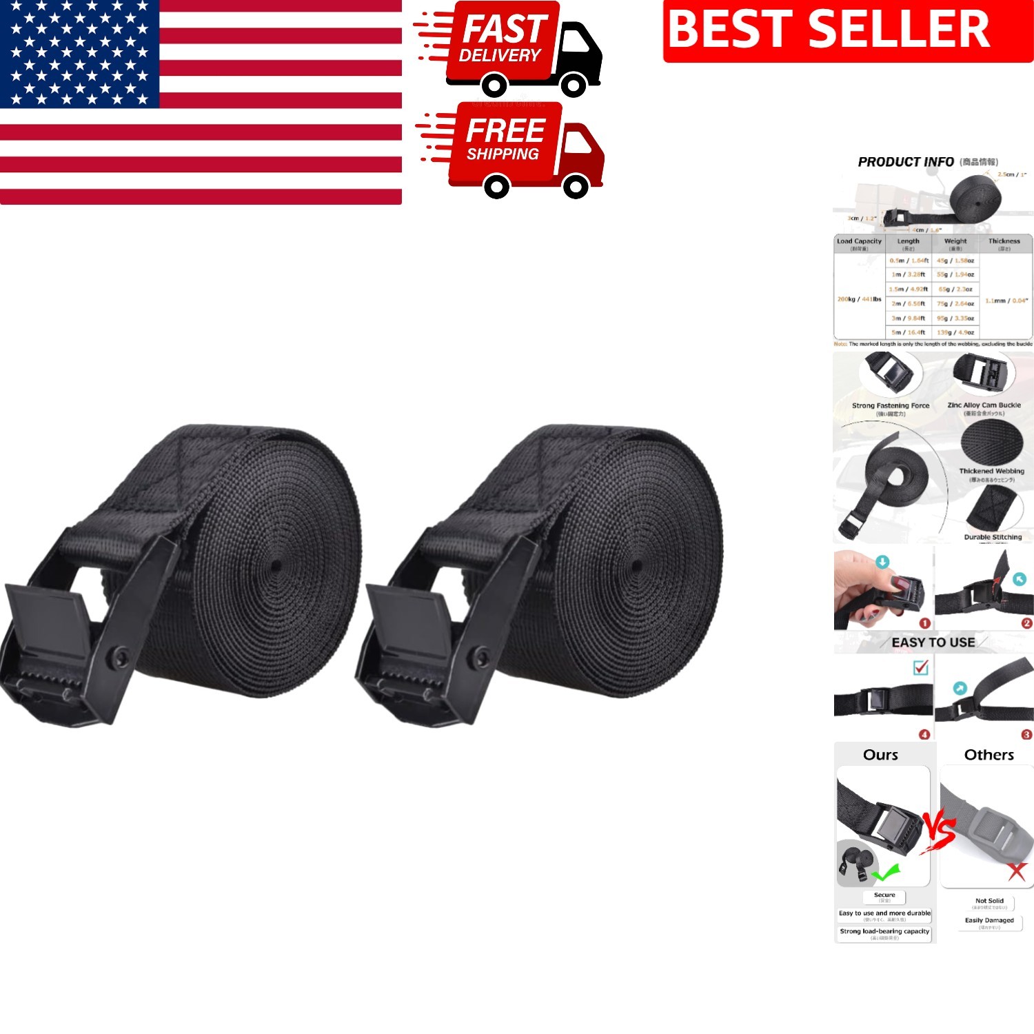 Heavy Duty Ratchet Tie Down Straps – Secure & Versatile 441 lbs Capacity (2 P...