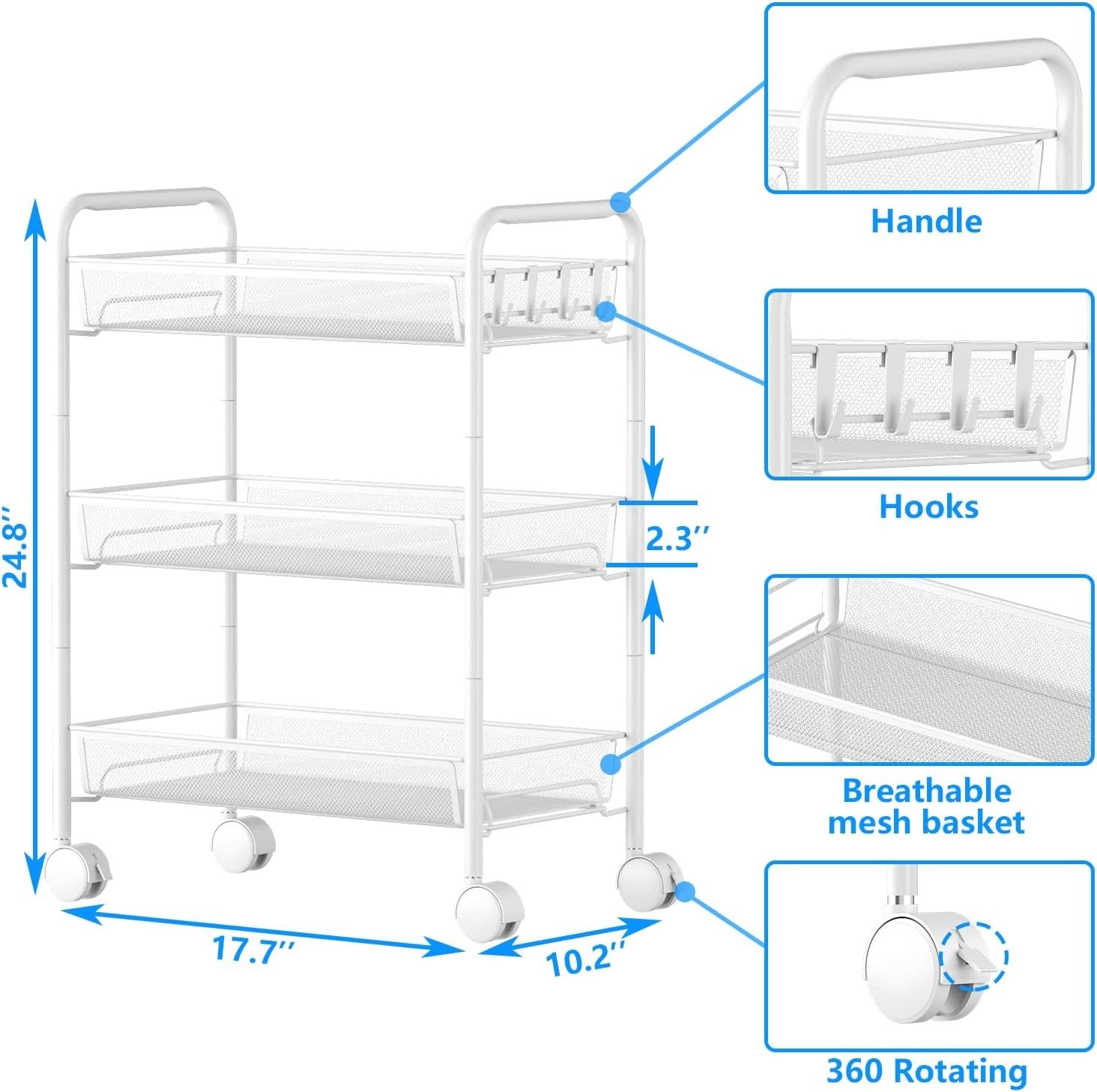 Contemporary Multi-Functional Rolling Cart with 4 Hooks - Modern Home Essentials