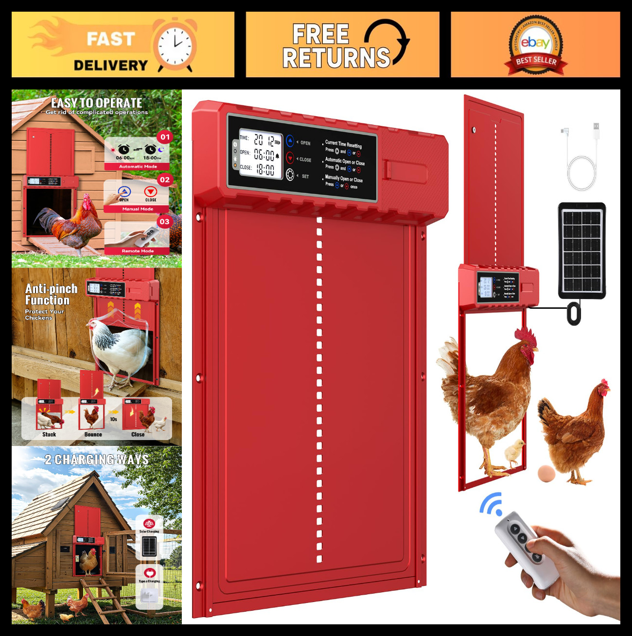 Solar-Powered Automatic Chicken Coop Door XL 10.8"x14.2" USB-C, Weatherproof, 3