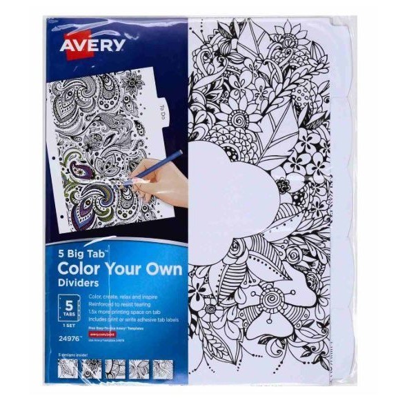 NEW Avery 5 Big Tab Color Your Own Dividers 1 set #24976 Flowers/Paisley CUTE!
