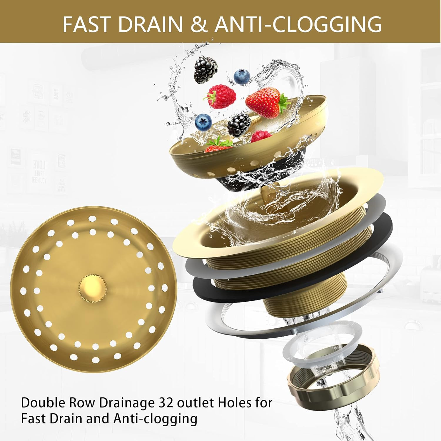 Kitchen Sink Drain Gold Sink Drain Strainer with Fixed Post 3-1/2 Inch Kitchen D