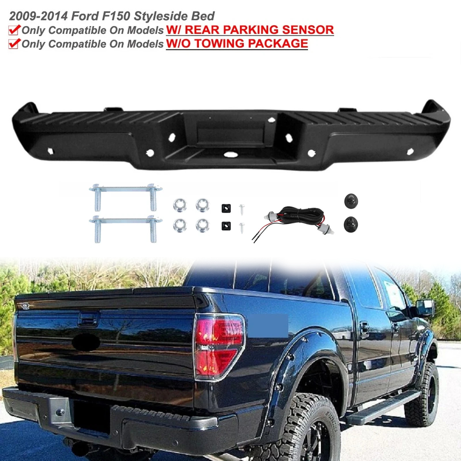For Ford F150 2009 2010-2014 Rear Step Bumper Black w/Park Sensor Holes Assembly