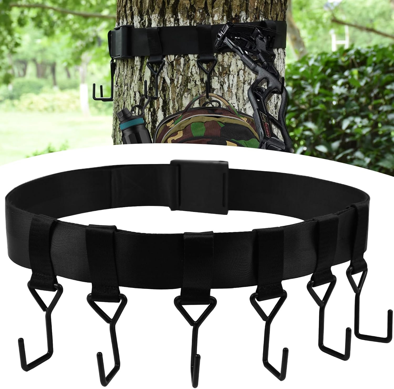 Tree Stand Gear Hanger, Heavy Duty Bow Hanger Strap with 6 Metal Bow Hooks Tree