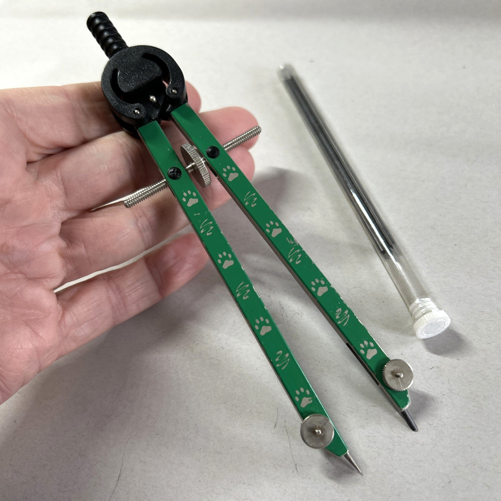 Unusual Steel Bow Compass with Paw Prints! +/- 16.5cm Long (+ Spare Leads)