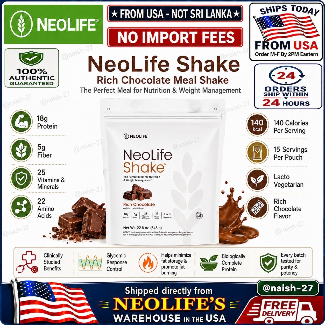 NeoLifeShake Rich Chocolate Protein Shake 15 Servings 18g Protein🚚From USA🚚
