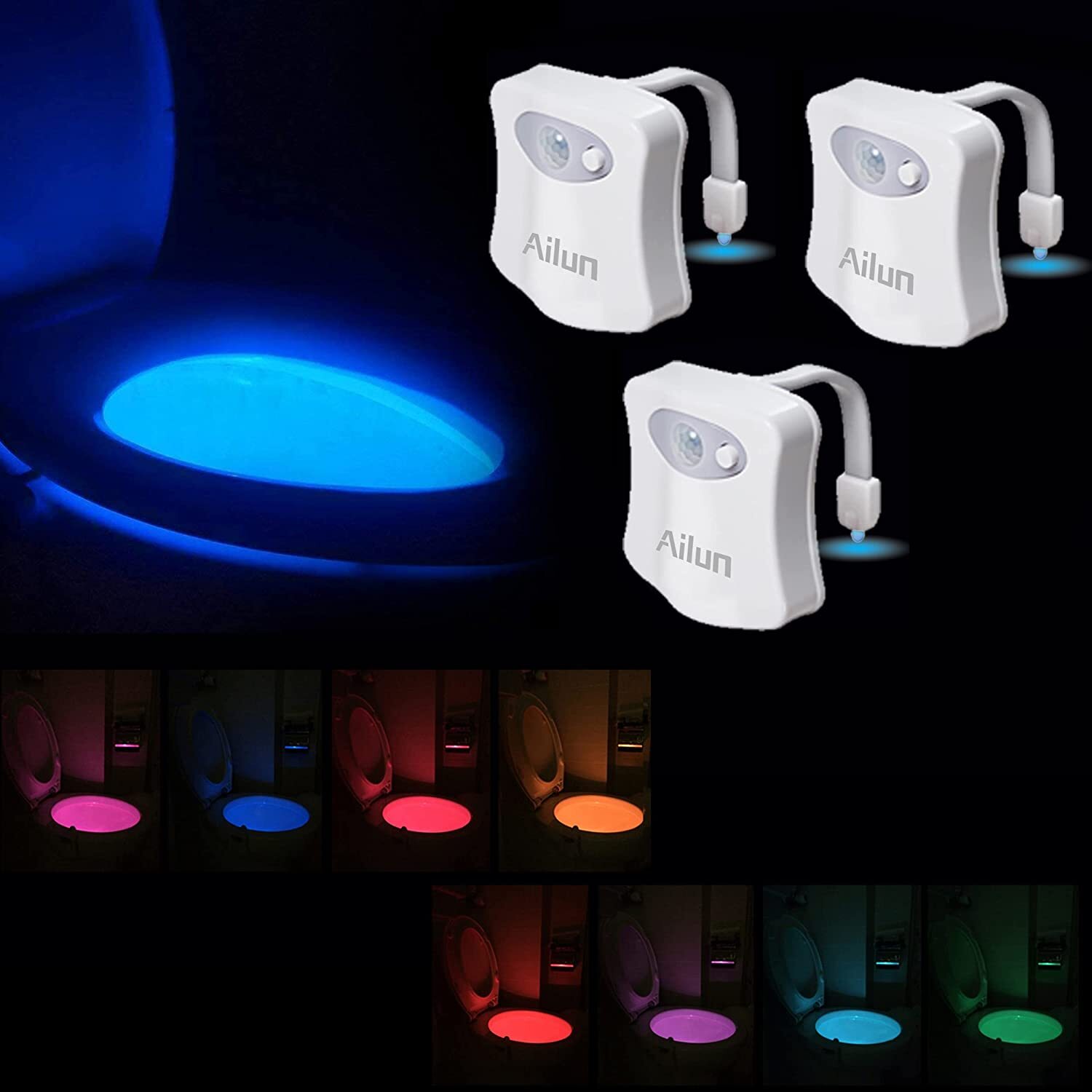 3 Pack Toilet Night Light Motion Sensor Activated LED Light 8 Colors Changing