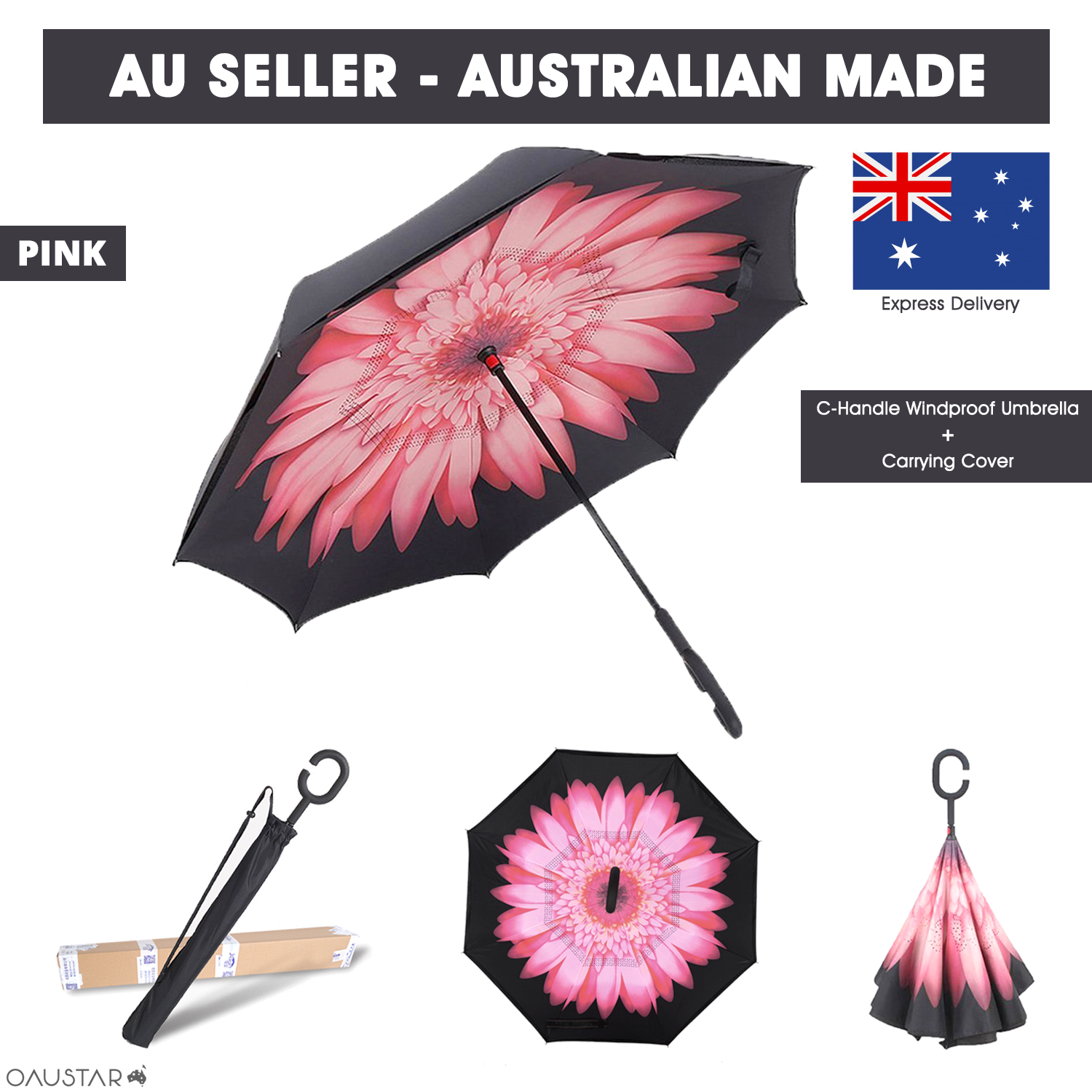 Umbrella -Upside Down-Windproof Inverted Reverse C-Handle Folding with Carry Bag