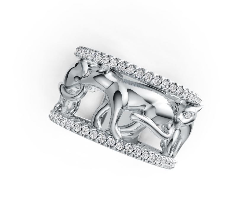 Sterling Silver Ring with White Topaz or Moissanite Walking Panther Theme