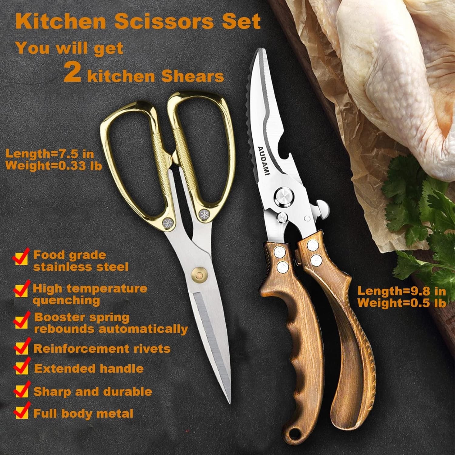 Kitchen Shears 2-Pack Heavy Duty Poultry & Meat Scissors, Bone Shears for Coo...