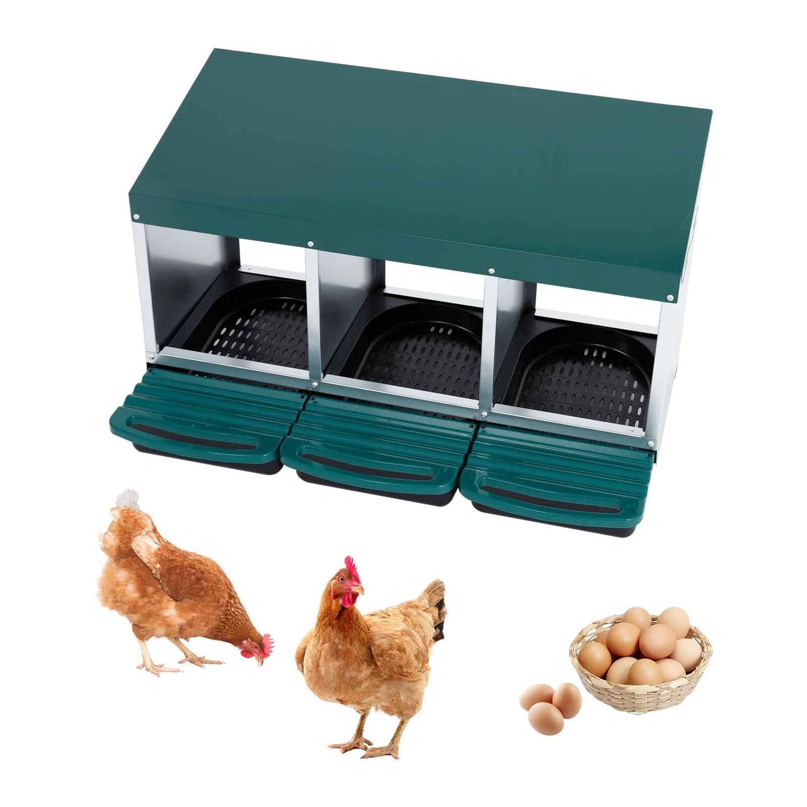 3 Holes Metal Chicken Egg Laying Box Chicken Nesting Box w/ Swing Perch&Rollout