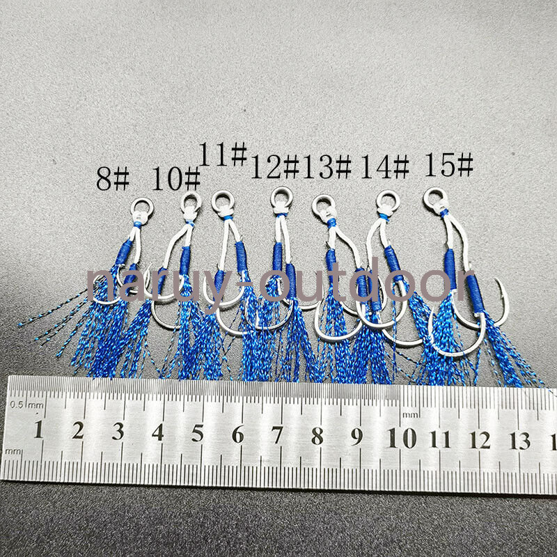 20 Pair Solid Ring Double Assist Barbed Hooks Blue Feather Fishing Slow Jig