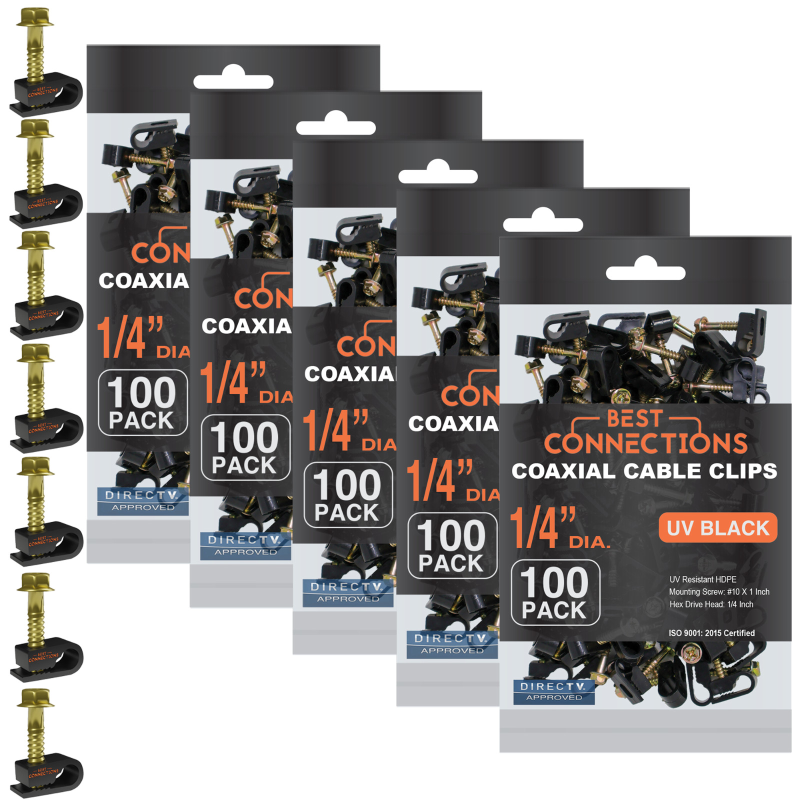 500 pcs Single Black Mounting Coaxial Flex Clips w/ Pre-Inserted Screw