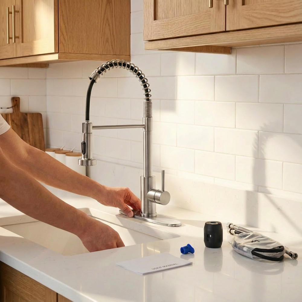 Kitchen Faucet with Pull Down Sprayer Industrial 1 Handle 1 or 3 Hole Stainless