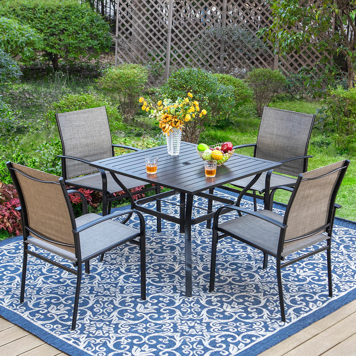 5 Piece Patio Dining Set with Umbrella Hole Outdoor Table and Chairs for Garden