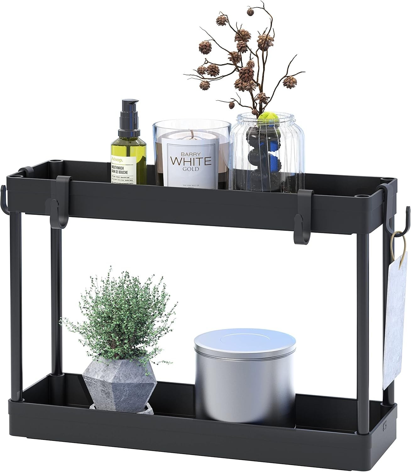 2-Tier Under Sink Organizer Storage Tray with Hooks Black