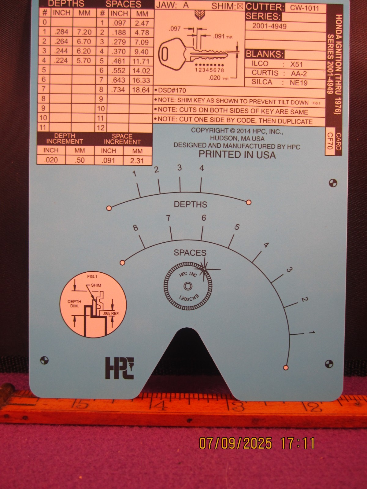 HPC 1200 BLITZ KEY CODE CARD CF70 ( HONDA IGNITION THRU 1976 SERIES ) BRAND NEW