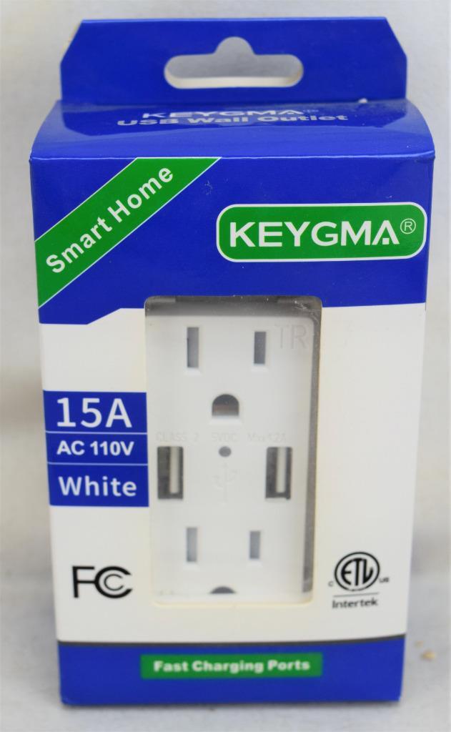 Keygma USB Wall Outlet 15 A AC110V White NIB New in Box