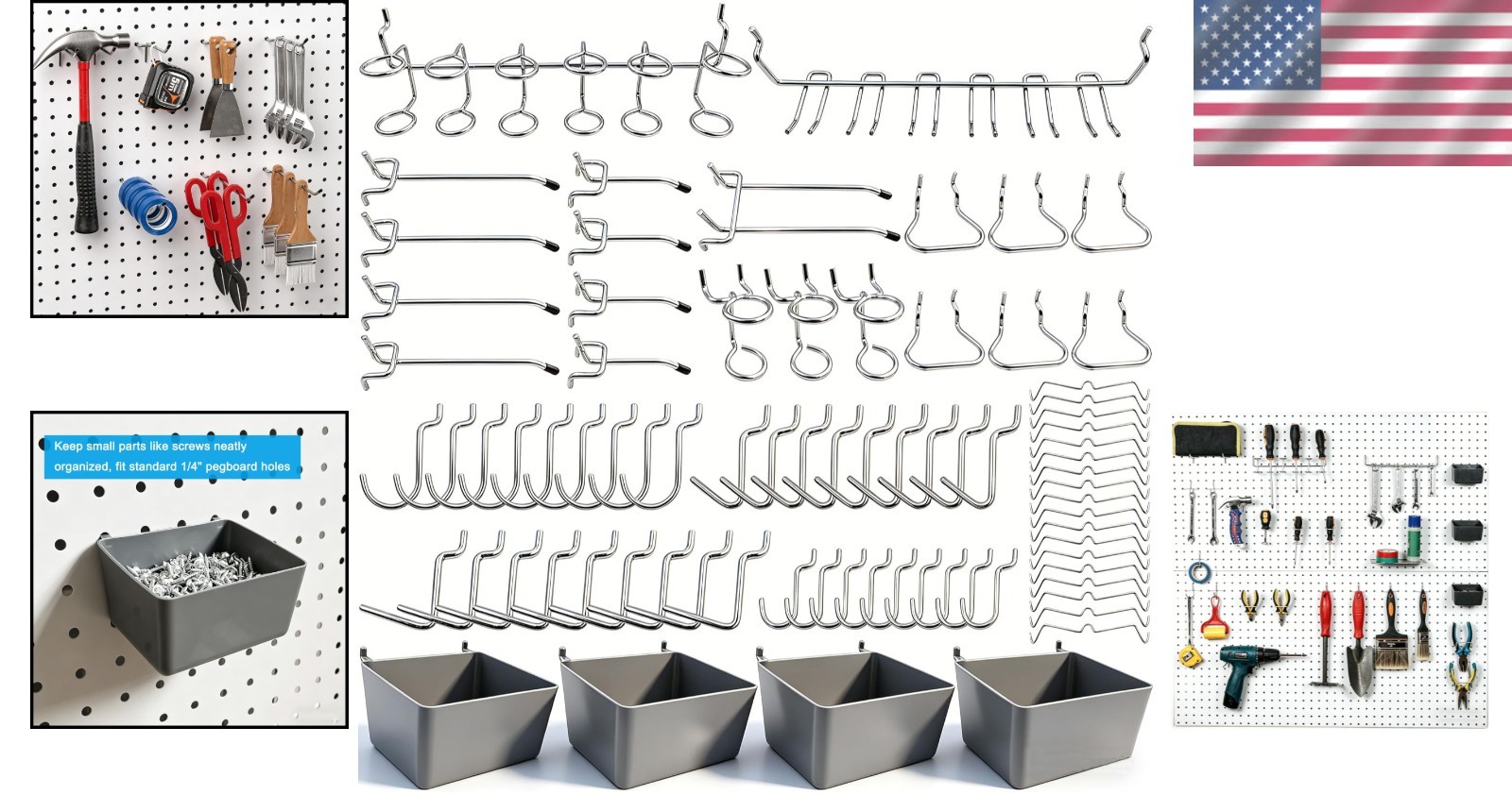 80-Piece Pegboard Hooks Assortment with Bins & Locks - Silver Tool Organizer