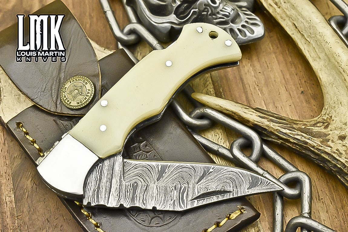 LMK Custom Twist Damascus Pocket Folding Knife Bone Back Lock Hiking Razor Sharp