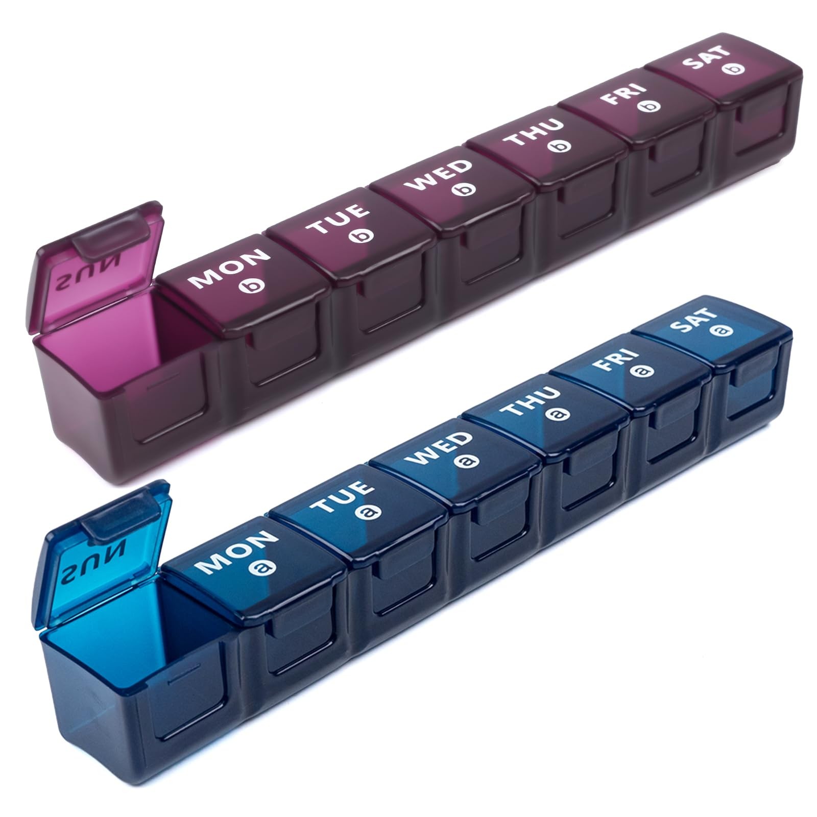 2-Pack Weekly Large Pill Organizer for Travel, 7 Day Boxes Blue-purple