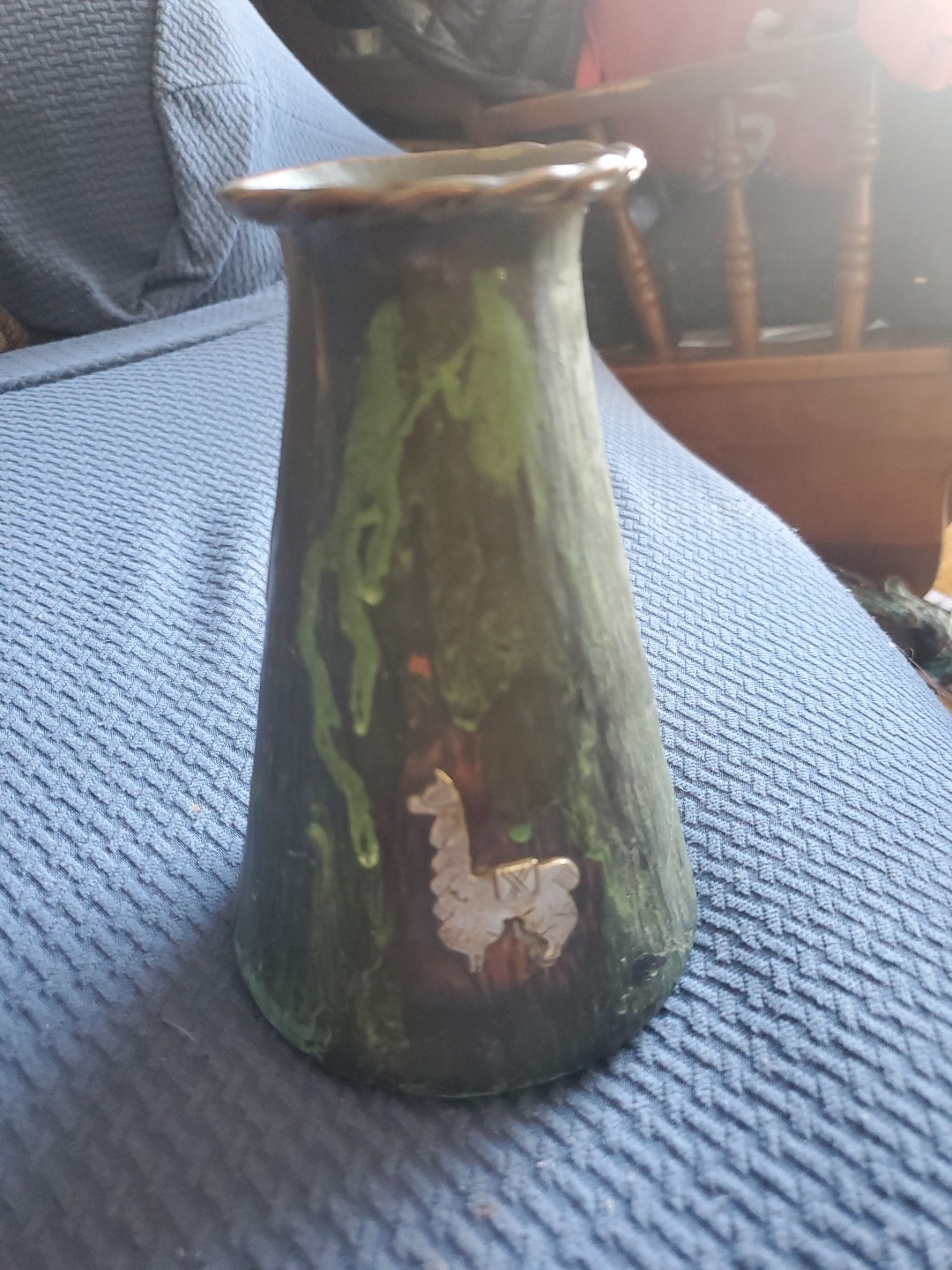 Peruvian Copper 7 In  Vase With Silver Applied Camels