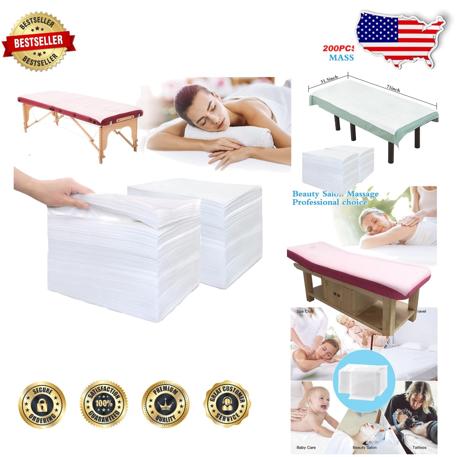Disposable Massage Bed Sheets 200pk 31.5x71" Breathable Non-Woven Fabric