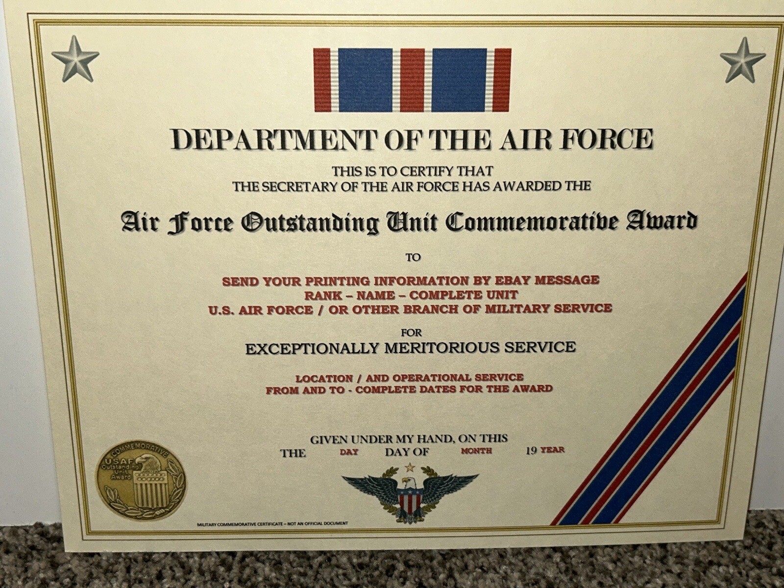 AIR FORCE OUTSTANDING UNIT COMMEMORATIVE AWARD CERTIFICATE~W/PRINTING T-1