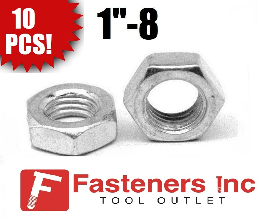 (Qty 10) 1"-8 Hex Jam (Thin) Nuts Zinc Plated Low Carbon Grade 2