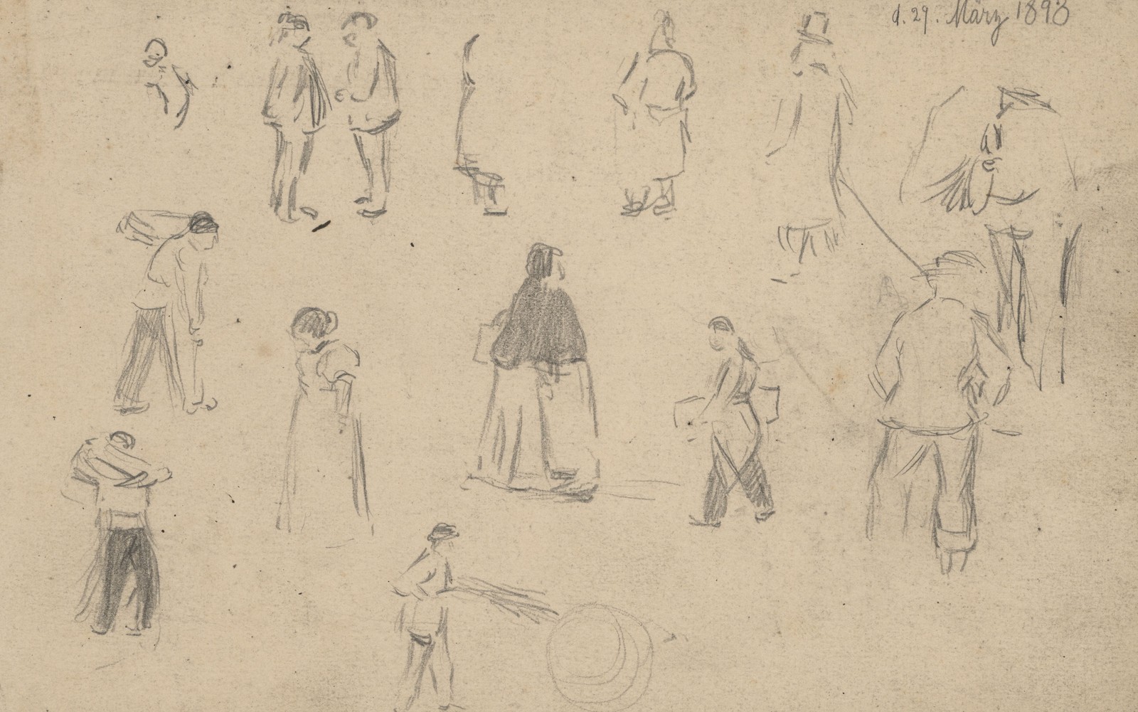 Study Pencil Drawing Passersby Craftsmen Work Professions 1898 Dated