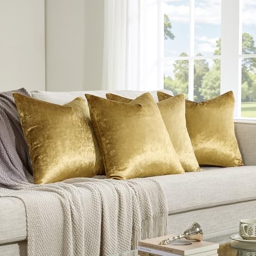Velvet Pillow Covers 18x18，Pack of 4 Decorative 18" x 18" (Pack of 4) Gold