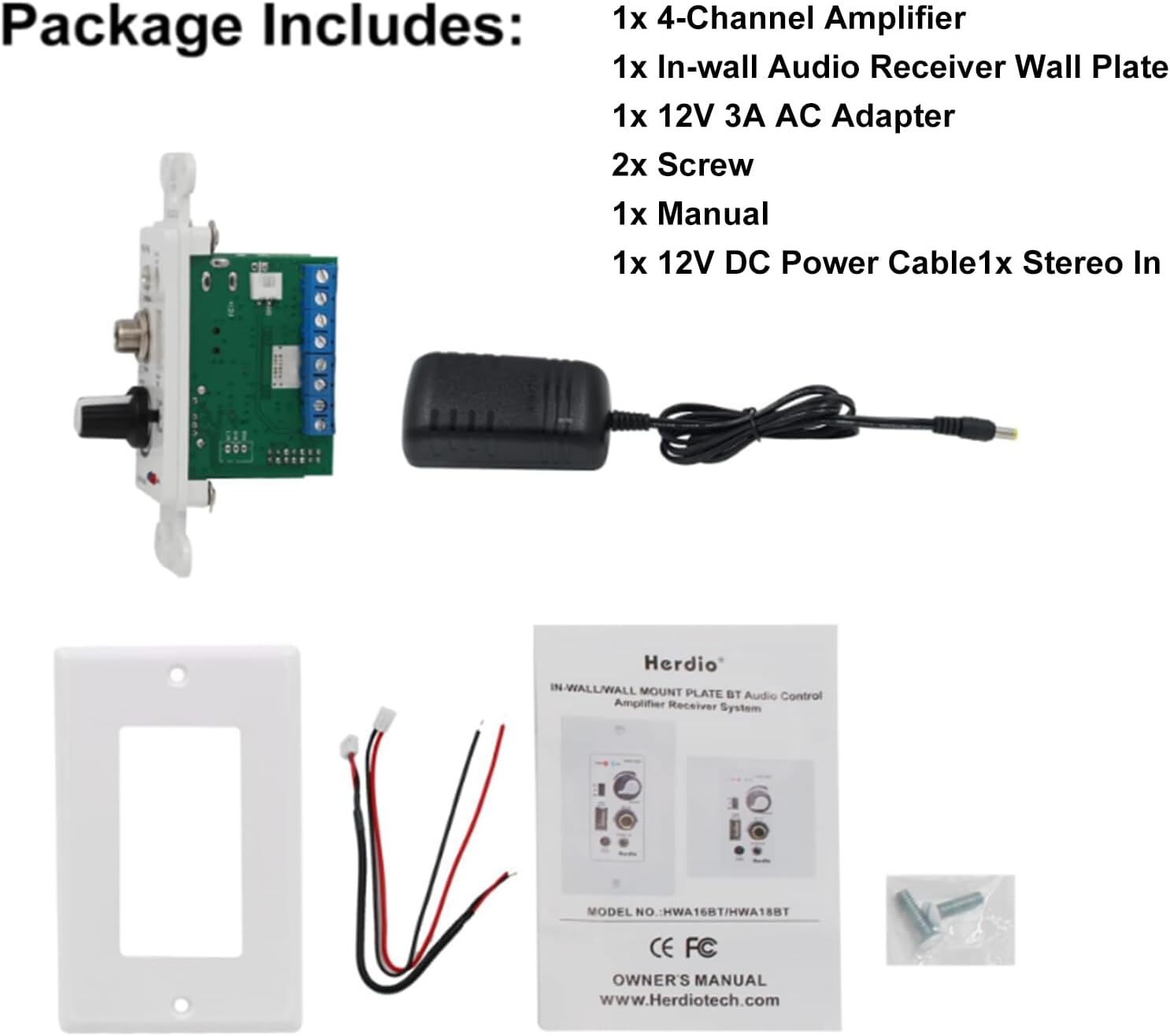 Herdio Bluetooth Wall Amplifier 4-Channels Volume Control USB/MIC/AUX(3.5mm) US
