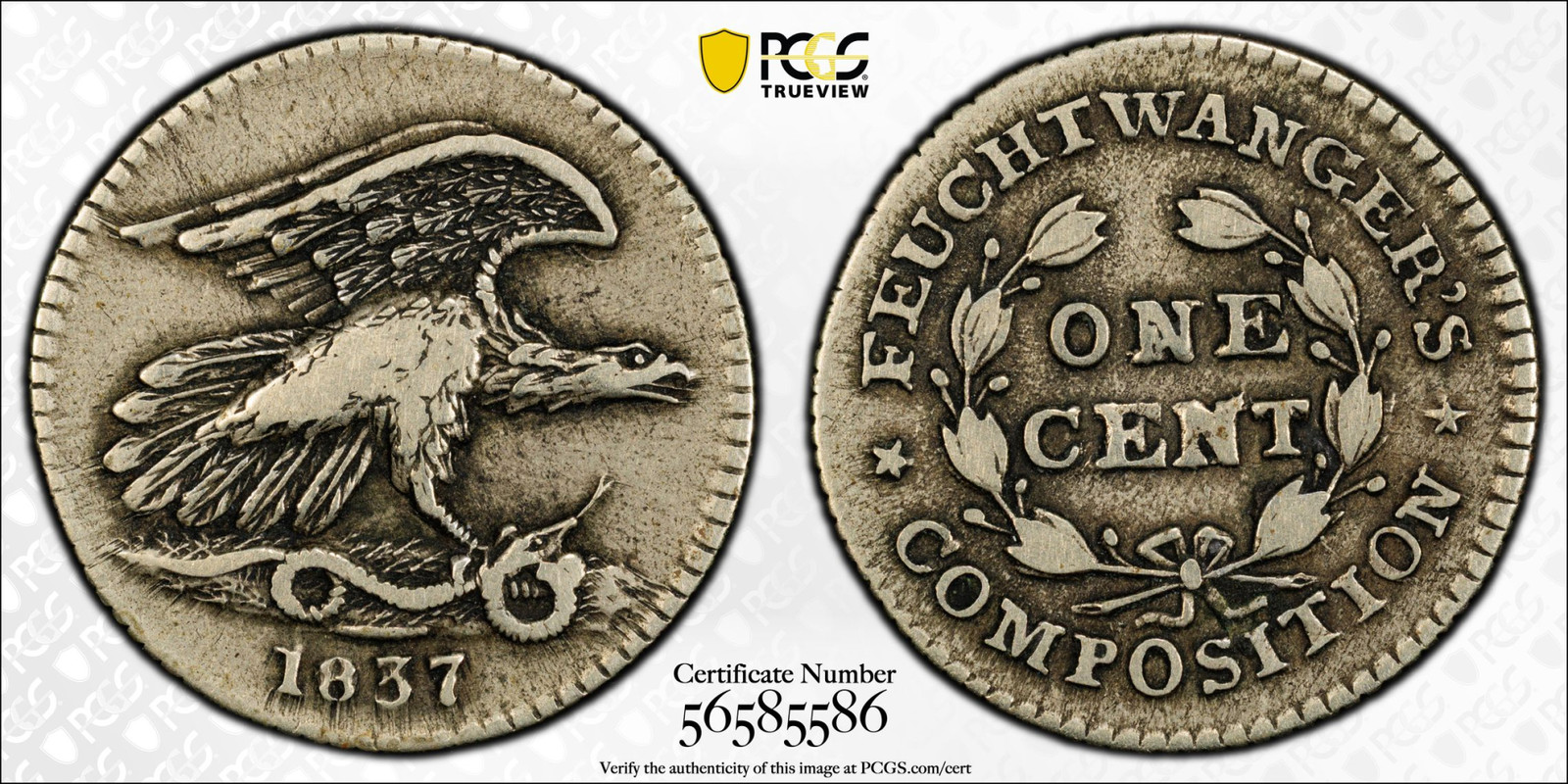 1837 Pvt Tokens 1837 One Cent, Eagle PCGS VF-30 HT-268, Feuchtwanger's