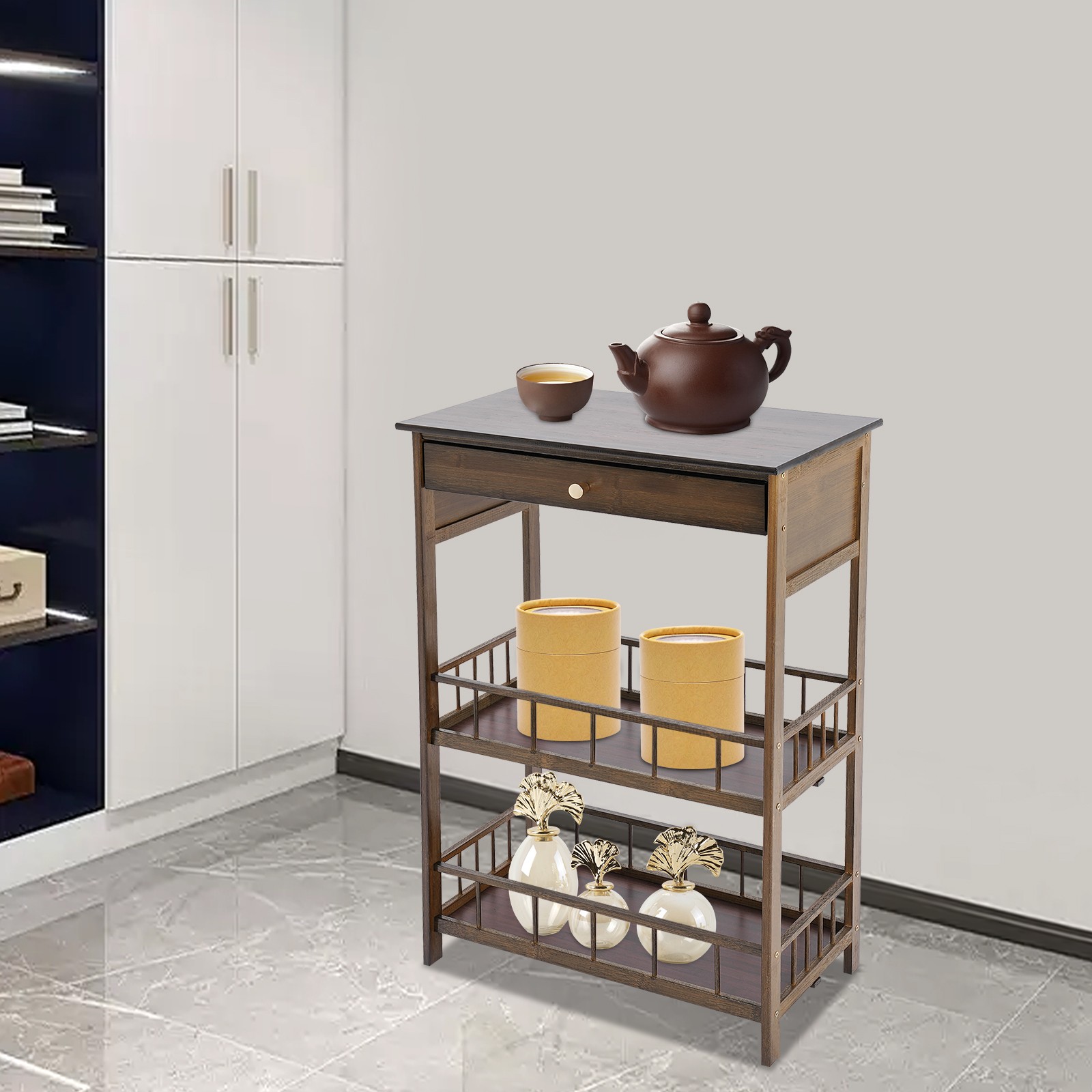 3 Tiers Side Table Side Table with Storage Drawer Bamboo End Table Tea Table