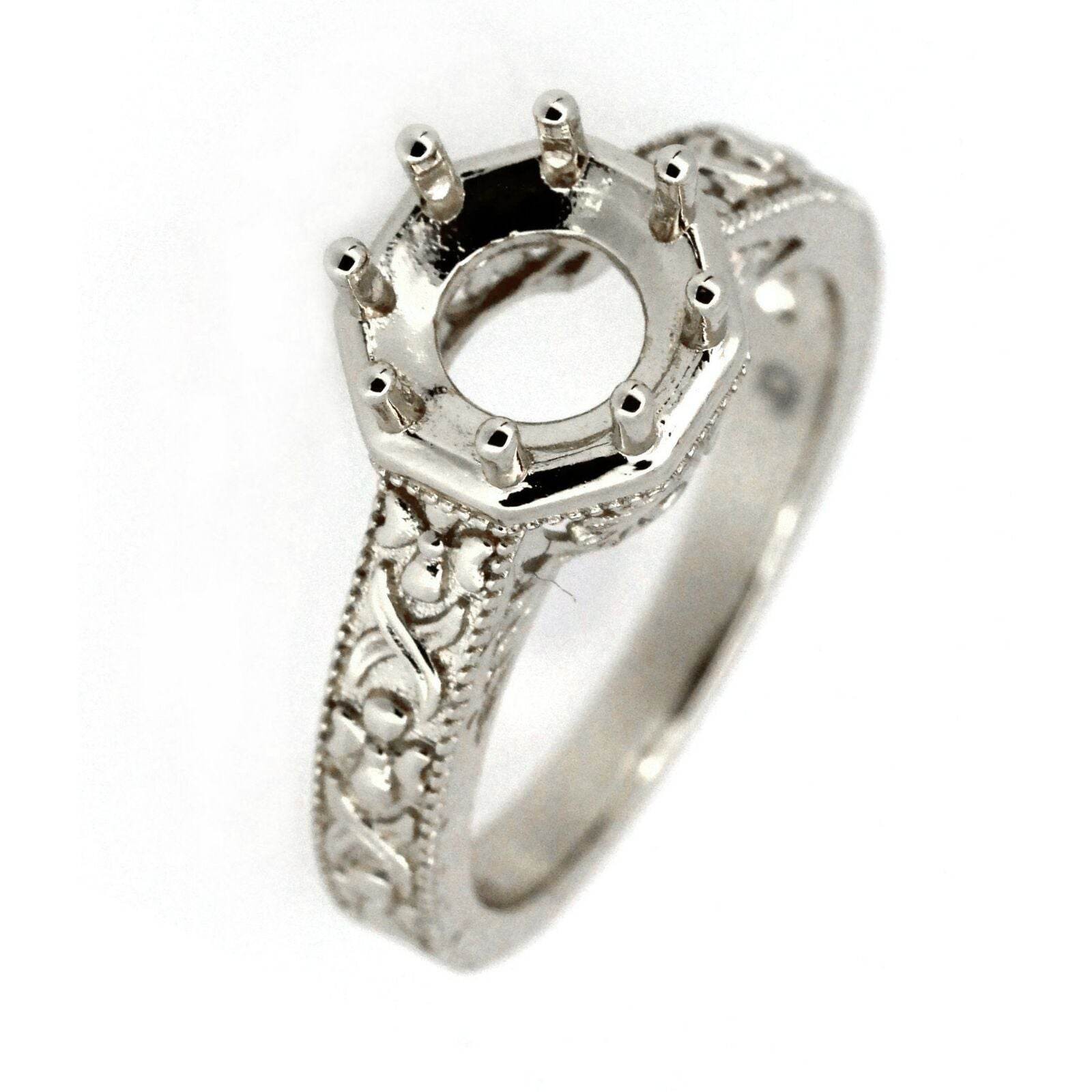 Art Nouveau Style Sterling Silver Semi Mount Ring Setting Round Rd 8x8mm