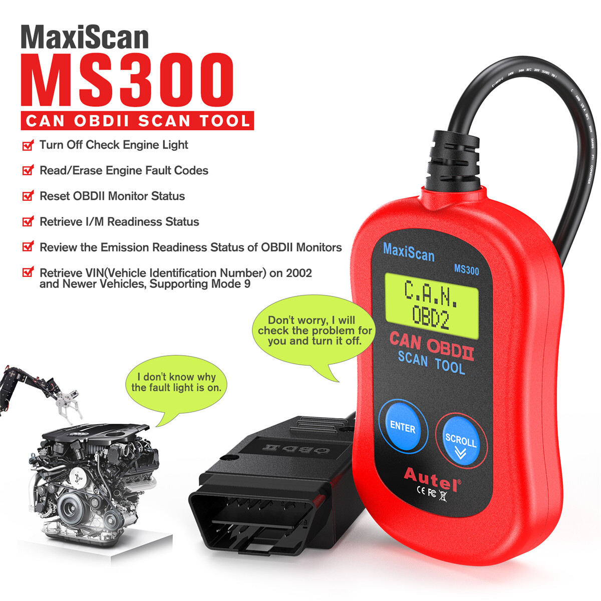 Autel MS300 OBD2 Scanner Code Reader, Turn Off Check Engine Light CAN Diagnostic