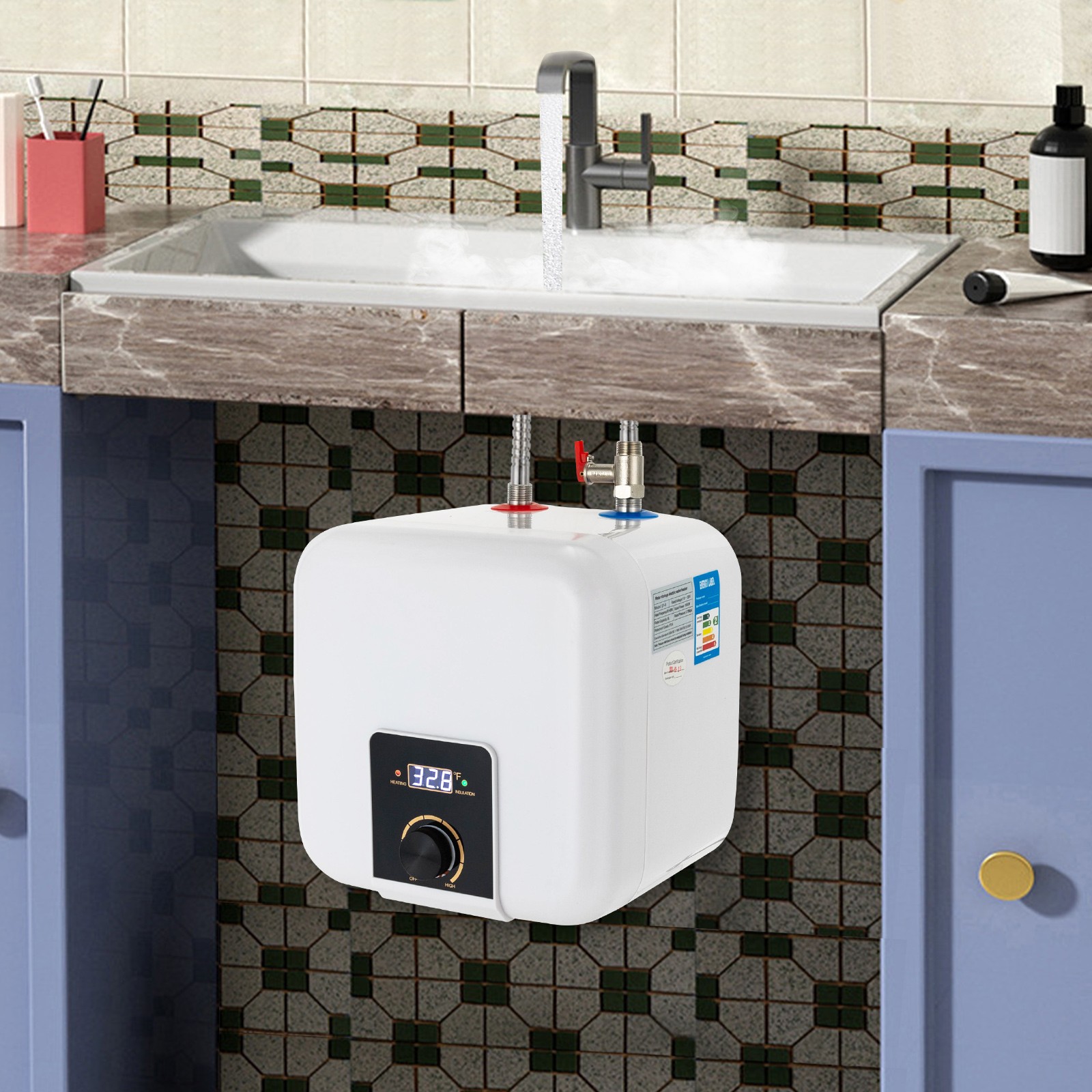 110-120V Electric Water Heater, 1500W Water Heater, 8L/2.11Gal, 1/2" Interface