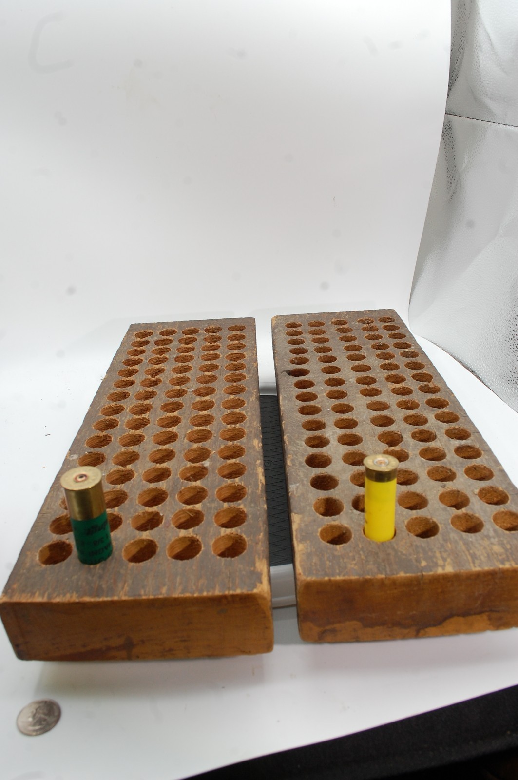 2 VINTAGE WOOD RELOADING BLOCK (1)12 GA (1)20 GA HOLDS 75 SHOT GUS SHELLS