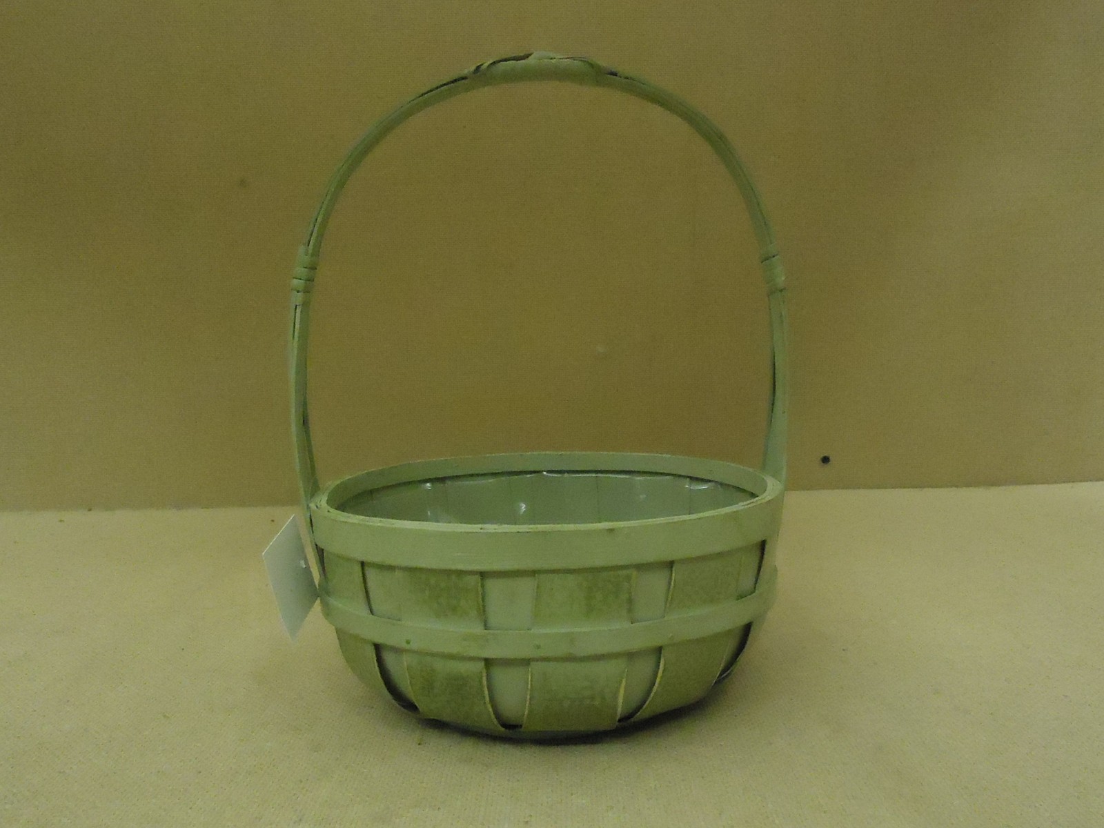 Designer Flower Basket 12in H x 8in Diameter Green Round Plastic Liner Wood