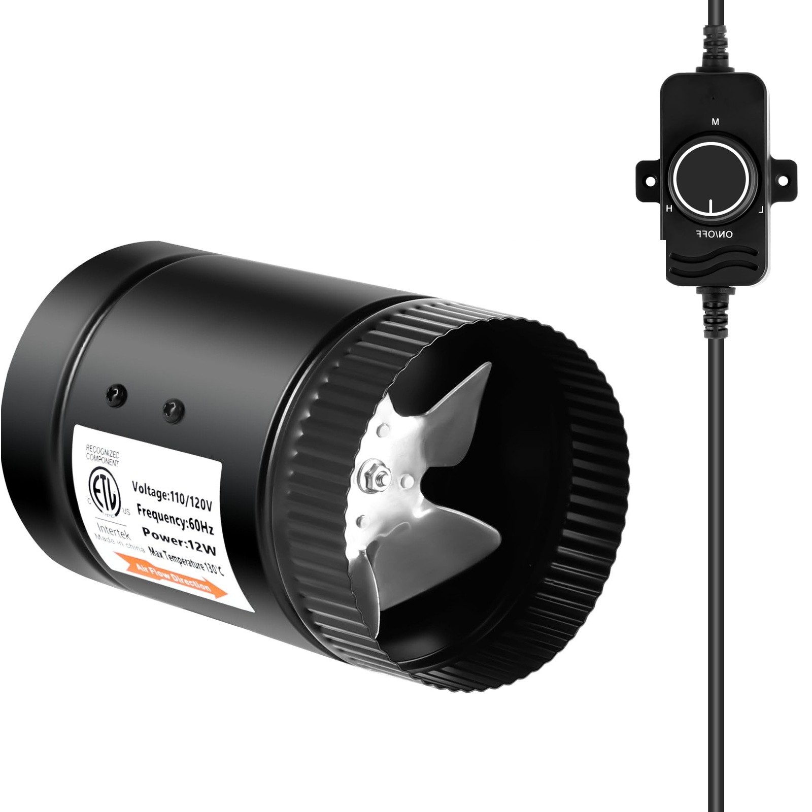 Black 4" Inline Grow Tent Fan - 106 CFM, Speed Controller Included